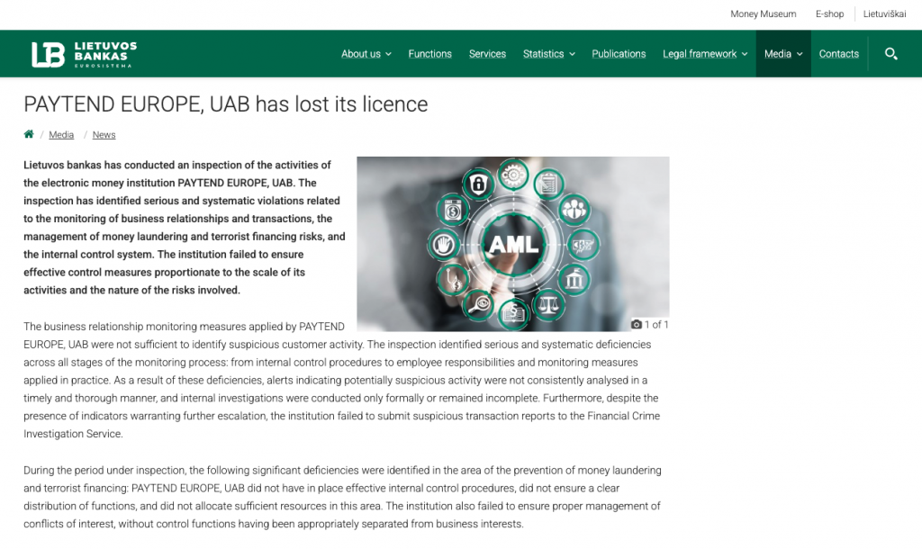 Paytend 牌照被吊销，立陶宛央行通告