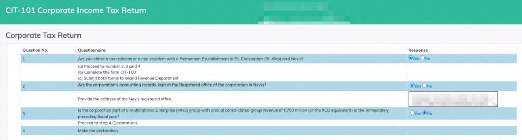 尼维斯公司报税 CIT-101